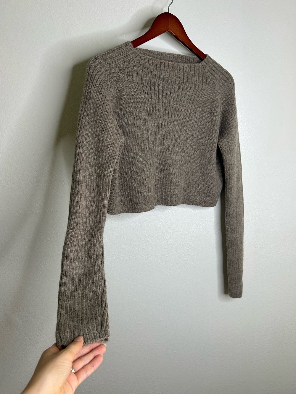 All We Knit is Love 100% Alpaca Tan Neutral Ribbed Cropped Boat Neck Sweater